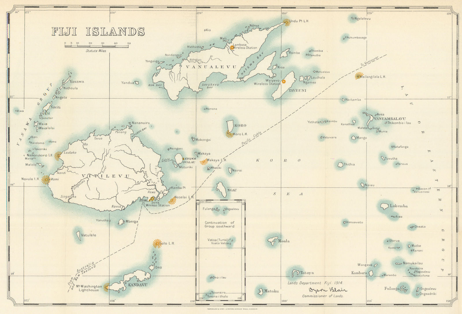 Fiji Islands showing wireless stations/lighthouses. Dyson Blair 1914 (1919) map